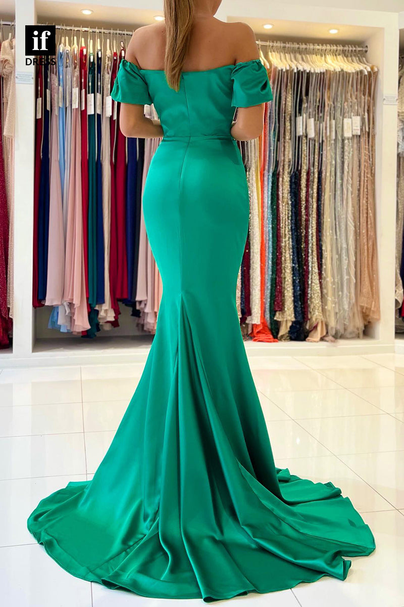 33958 - Stylish Off-Shoulder Sweetheart Cap Sleeves Pleats Prom Formal Gown