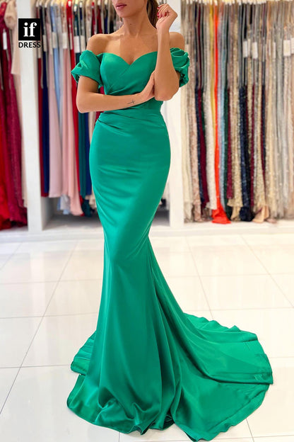 33958 - Stylish Off-Shoulder Sweetheart Cap Sleeves Pleats Prom Formal Gown