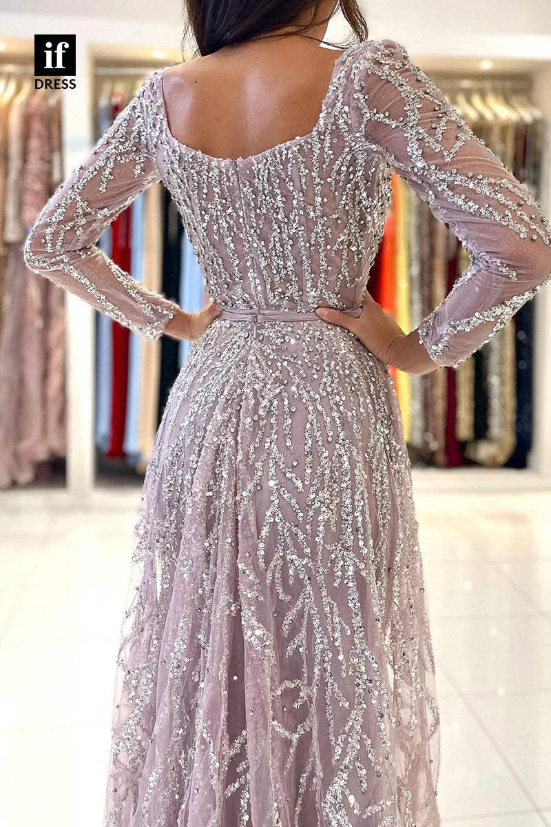 33964 - Charming Long Sleeves Sweetheart Beaded  Sparkly Prom Formal Dress