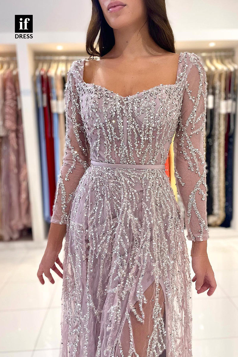 33964 - Charming Long Sleeves Sweetheart Beaded  Sparkly Prom Formal Dress