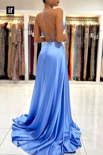 33965 - Sexy A-Line Spaghetti Straps V-Neck Sleeveless Lace-Up Prom Formal Gown