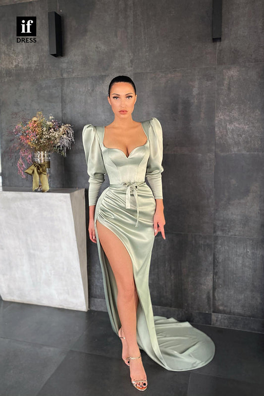 33969 - Honorable Long Sleeves Sweetheart Pleats Belt High Split Prom Formal Dress