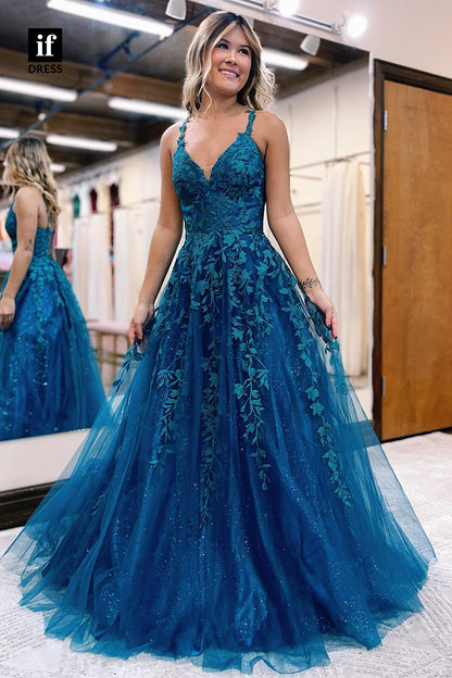 34037 - A-line V-Neck Lace Appliques Blue Long Prom Dress
