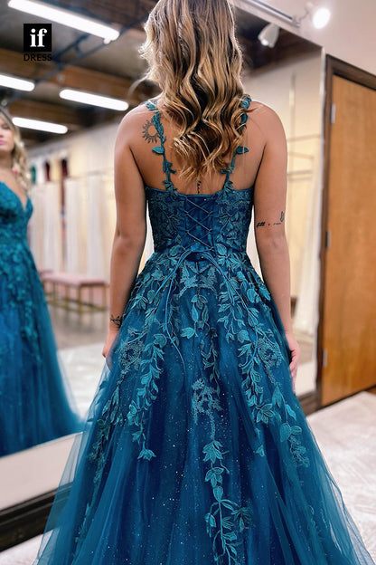 34037 - A-line V-Neck Lace Appliques Blue Long Prom Dress
