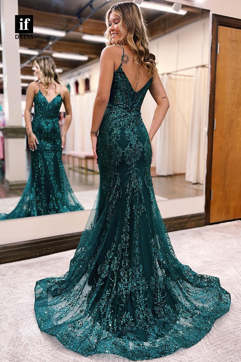 34041 - Sexy V-Neck Sequins Appliques Sparkly Mermaid Prom Dress