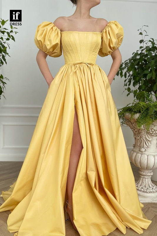 34044 - A-line Square Short Sleeves High Split Yellow Long Prom Dress with Pockets