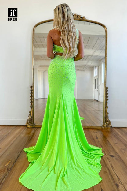 34099 - Unique One Shoulder Beads Illusion Sheath Prom Party Dress