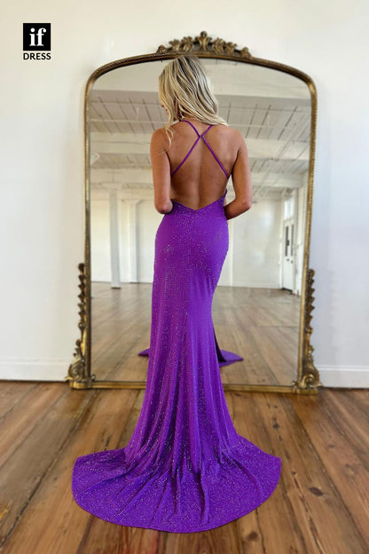 34108 - Elegant Plunging V-Neck Side Sequines Split Prom Dress