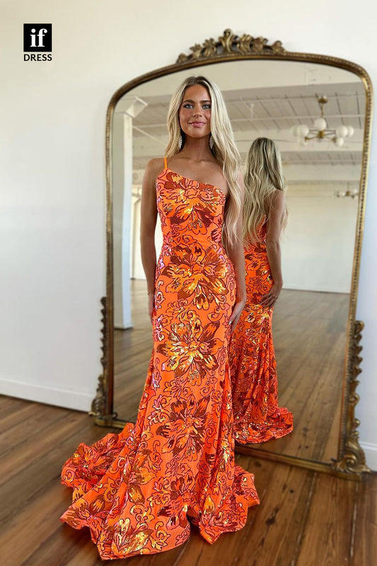 34113 - Generous One Shoulder Printed Prom Formal Dress