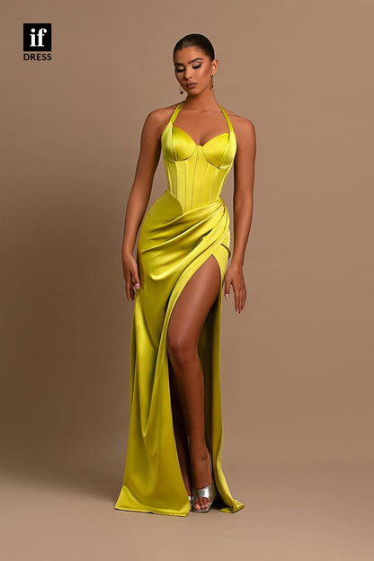 34125 - Sexy Halter Side Split Pleats Sleeveless Prom Formal Dress