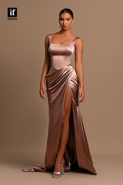 34128 - Elegant Double Straps Square Pleats Prom Formal Evening Dress