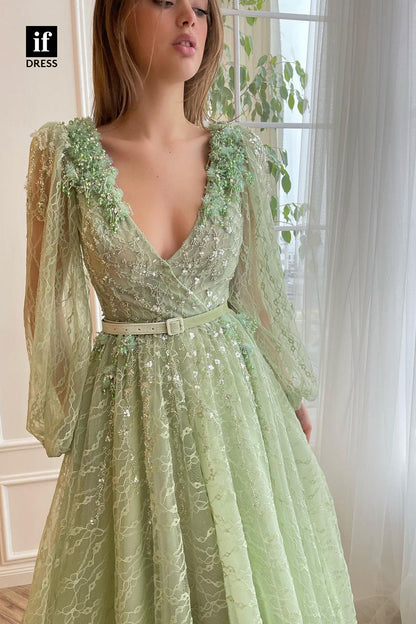 34141 - Romantic A-line V-Neck Long Sleeves Tulle Prom Formal Dress
