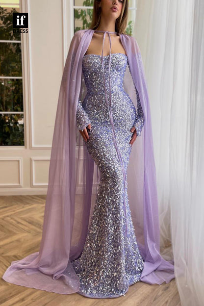 34143 - Sparkly Off-Shoulder Long Sleeves Sequined Prom Formal Dress