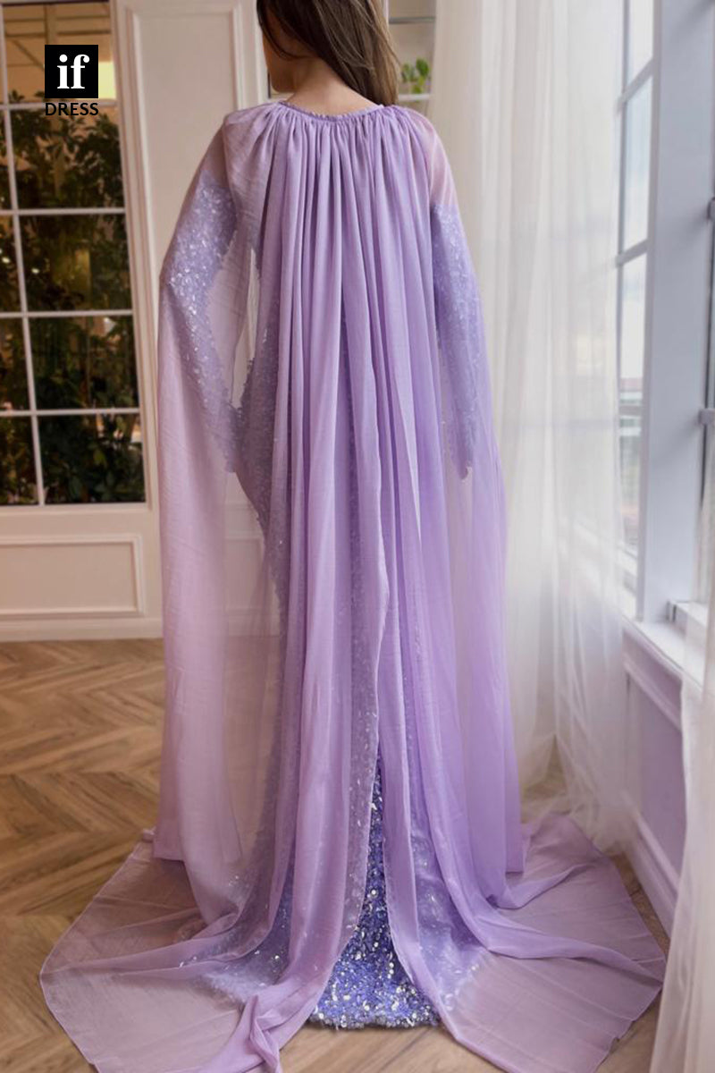 34143 - Sparkly Off-Shoulder Long Sleeves Sequined Prom Formal Dress