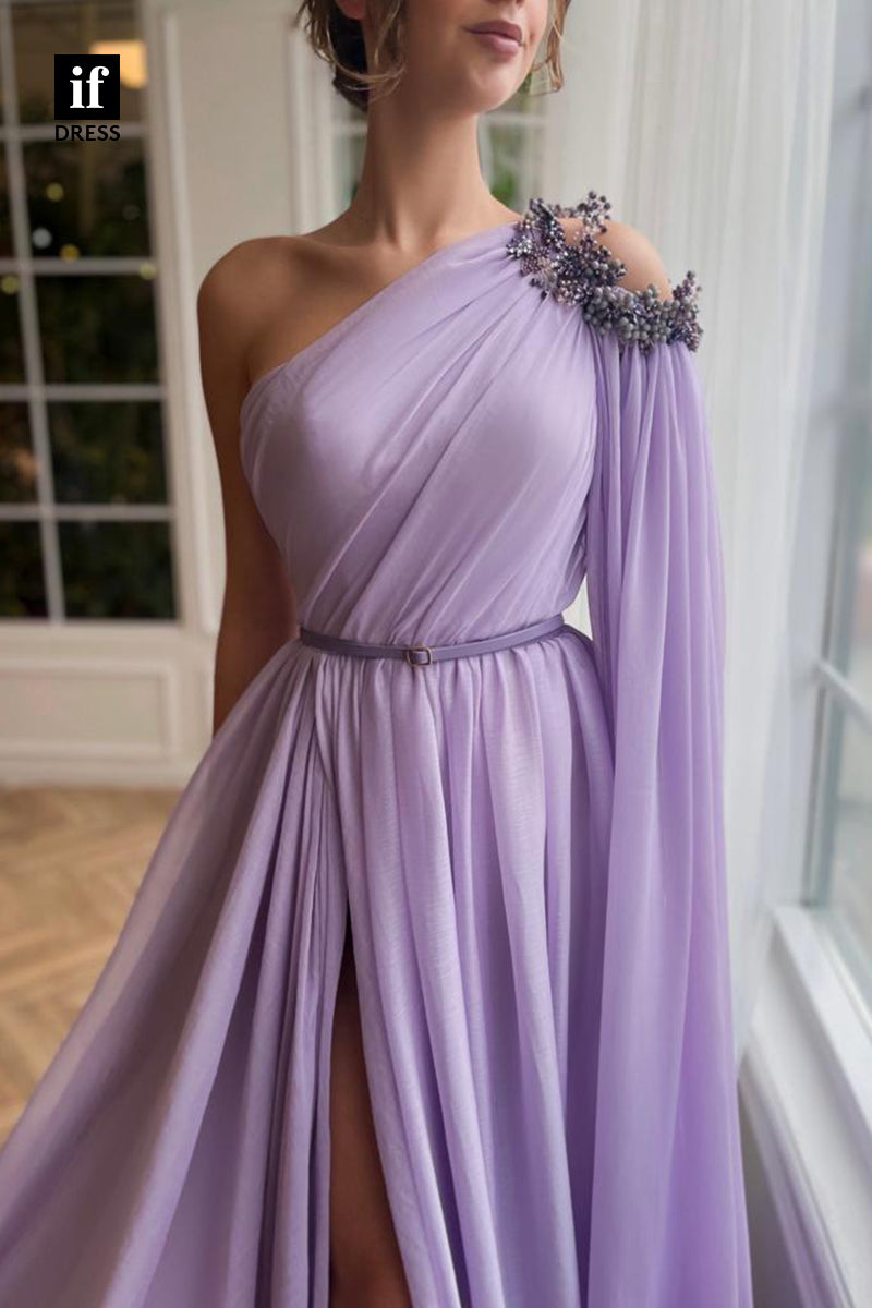 34144 - Charming One Shoulder High Split Pleats Prom Formal Dress