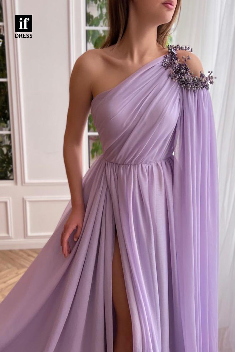 34144 - Charming One Shoulder High Split Pleats Prom Formal Dress