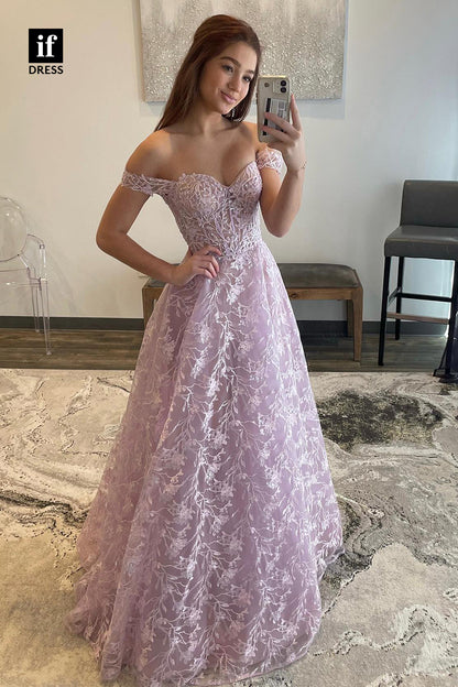 34154 - Elegant Off-Shoulder A-Line Lace Appliques Prom Formal Dress