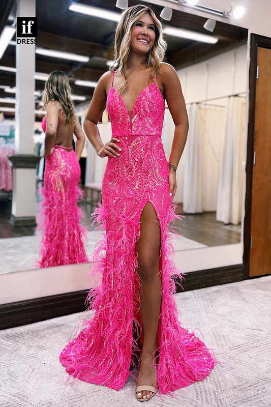 34194 - Luxurious V-Neck Feathers Side Split Sleeveless Prom Formal Dress