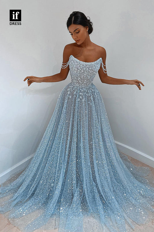 34195 - Sparkly A-Line Off-Shoulder Scoop Sequined Prom Formal Dress
