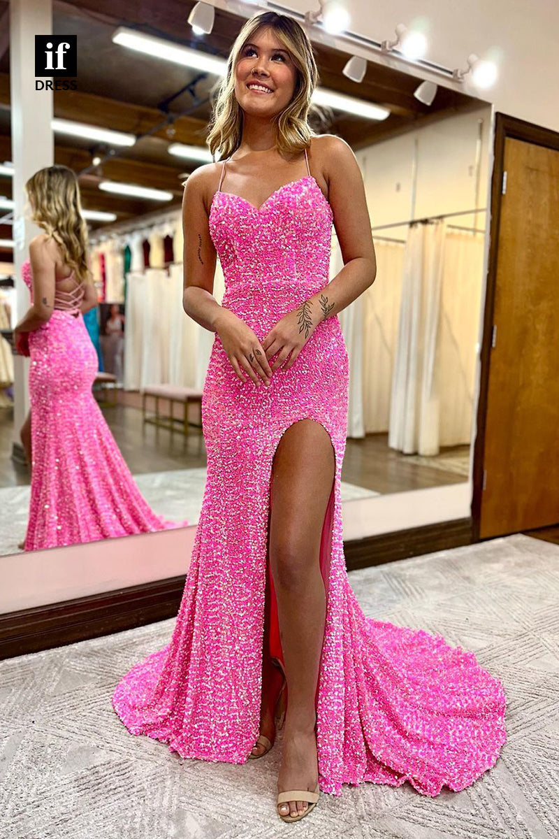 34204 - Sexy Spaghetti Straps V-Neck Side Split Prom Evening Dress