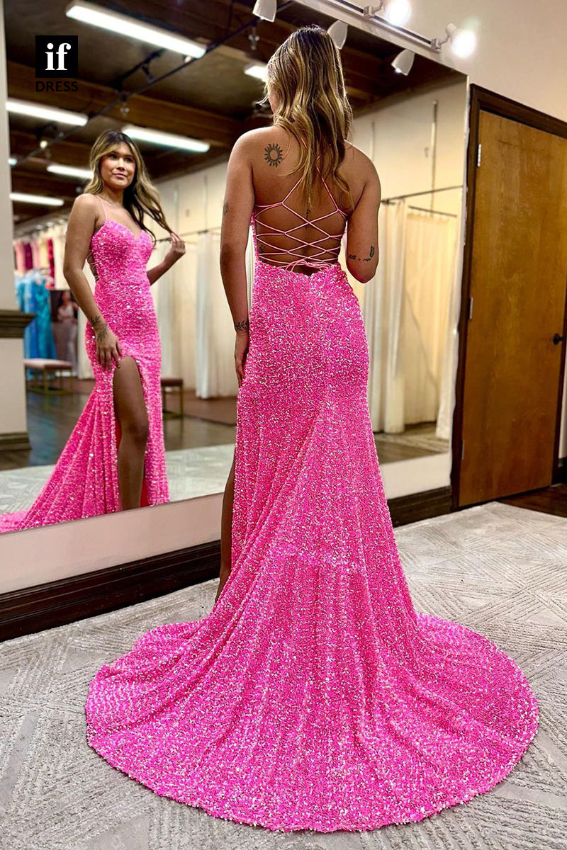 34204 - Sexy Spaghetti Straps V-Neck Side Split Prom Evening Dress