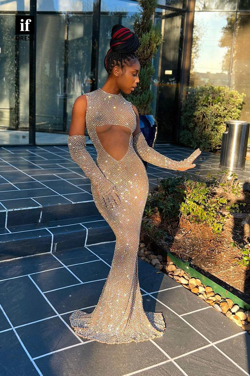 34268 - Sexy High Neck Sequined Backless Prom Evening Dress For Black Girls