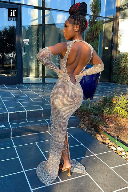34268 - Sexy High Neck Sequined Backless Prom Evening Dress For Black Girls