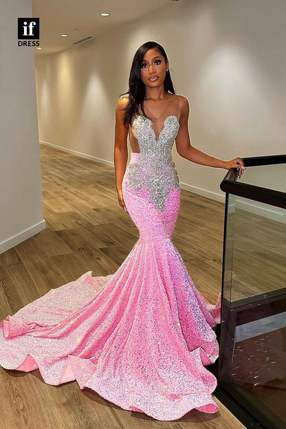 34270 - Adorable Illusion V-Neck Beads Mermaid Prom Formal Dress For Black Girls