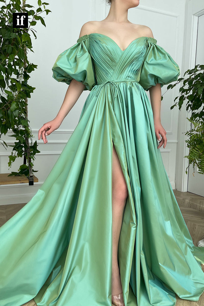 34285 - Attractive A-Line V-Neck Off-Shoulder Slit Prom Formal Dress