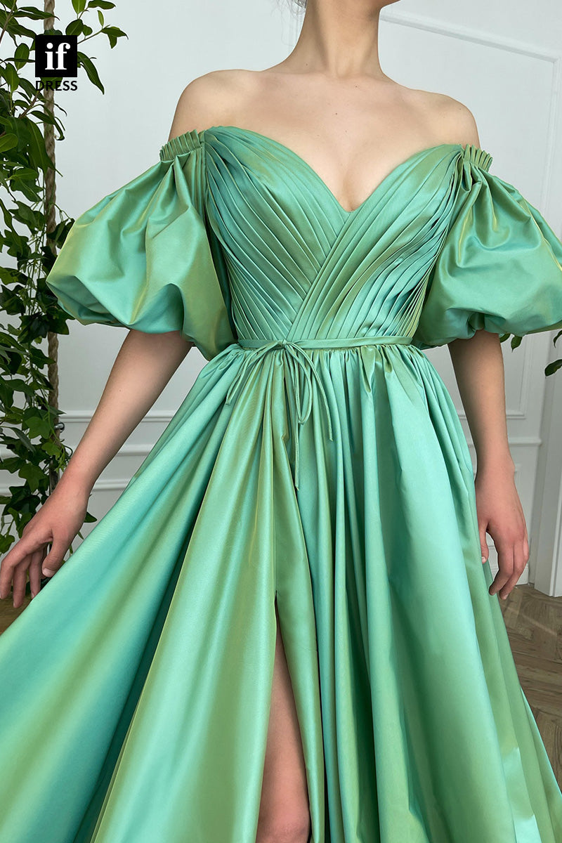 34285 - Attractive A-Line V-Neck Off-Shoulder Slit Prom Formal Dress