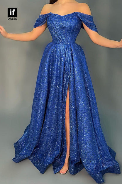 34294 - Gorgeous Off-Shoulder  Slit Cap Sleeves Prom Formal Evening Dress