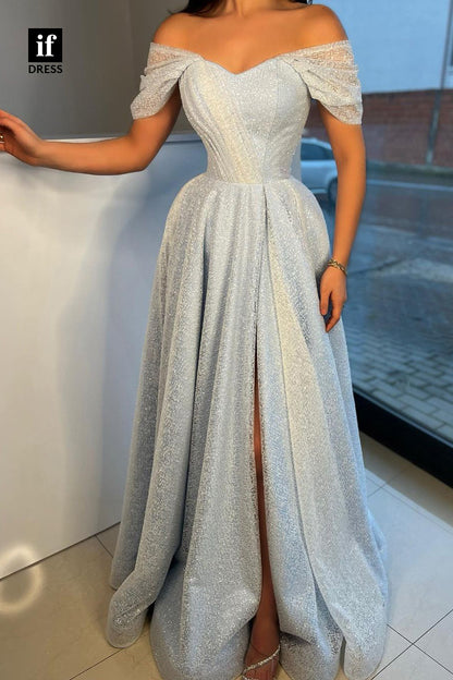 34295 - Elegant Cap Sleeves A-Line Sequins Slit Prom Formal Evening Dress