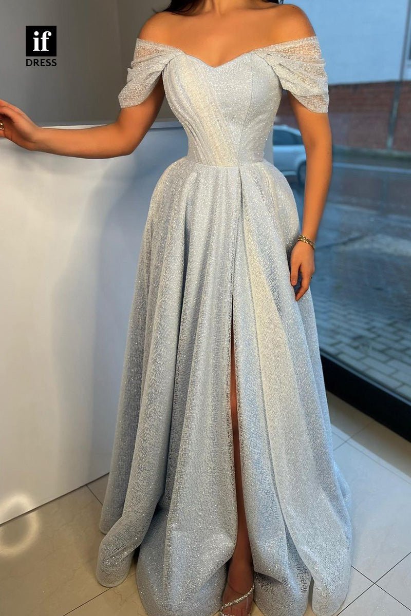 34295 - Elegant Cap Sleeves A-Line Sequins Slit Prom Formal Evening Dress