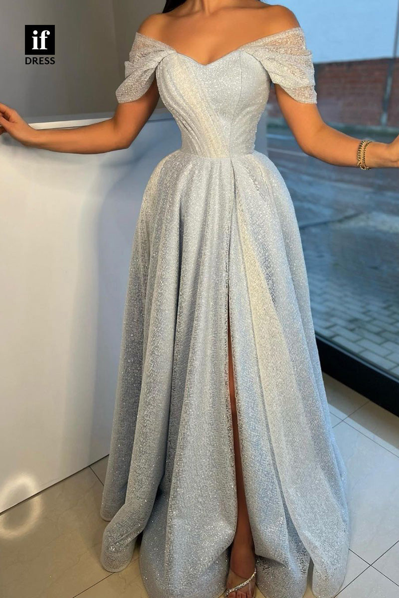 34295 - Elegant Cap Sleeves A-Line Sequins Slit Prom Formal Evening Dress