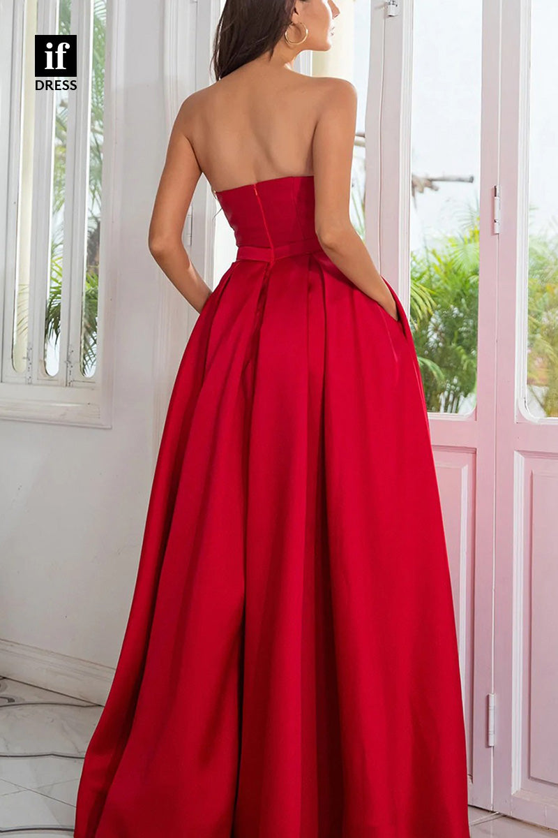 34300 - Sexy A-Line Off-Shoulder Slit Belt Ruched Prom Formal Evening Dress