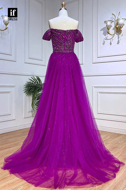 34310 - Elegant Off-Shoulder Cap Sleeves Slit Prom Formal Evening Dress