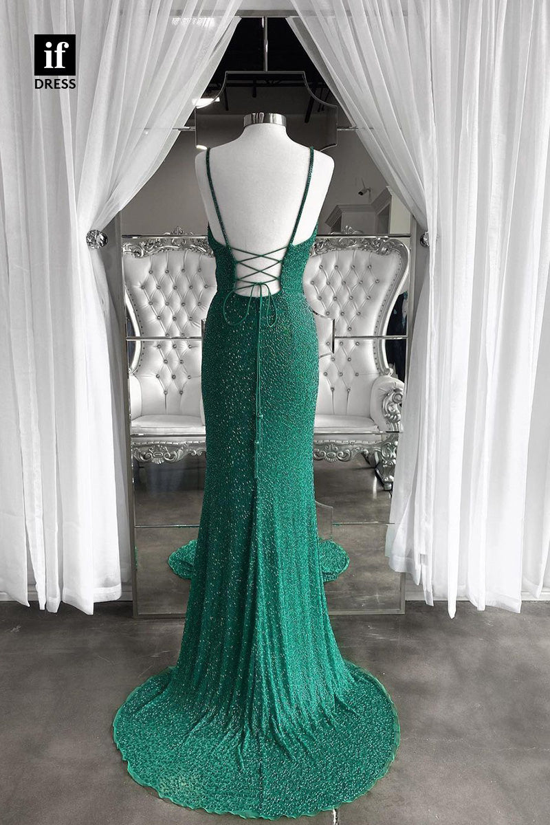 34315 - Sexy V-Neck Spaghetti Straps Sequined Prom Formal Evening Dress