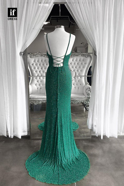 34315 - Sexy V-Neck Spaghetti Straps Sequined Prom Formal Evening Dress
