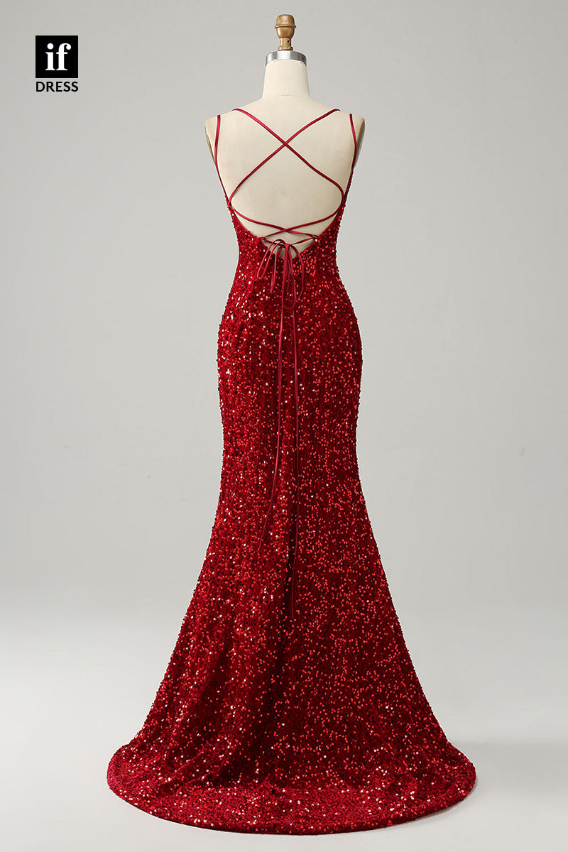 34327 - Sexy Scoop Sequined Spaghetti Straps Slit Prom Formal Evening Dress