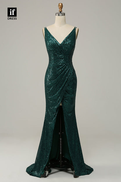 34328 - Gorgeous V-Neck Sequined Pleats Slit Prom Formal Evening Dress
