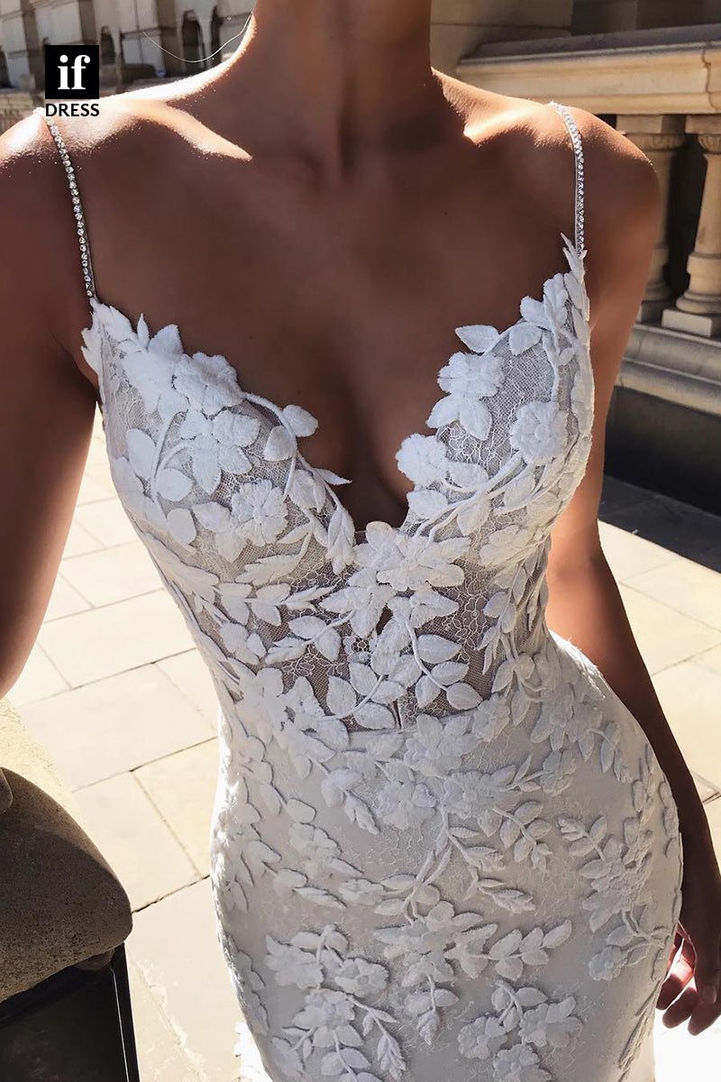31580 - Sexy Spaghetti Straps V-Neck Lace Appliques Wedding Dress