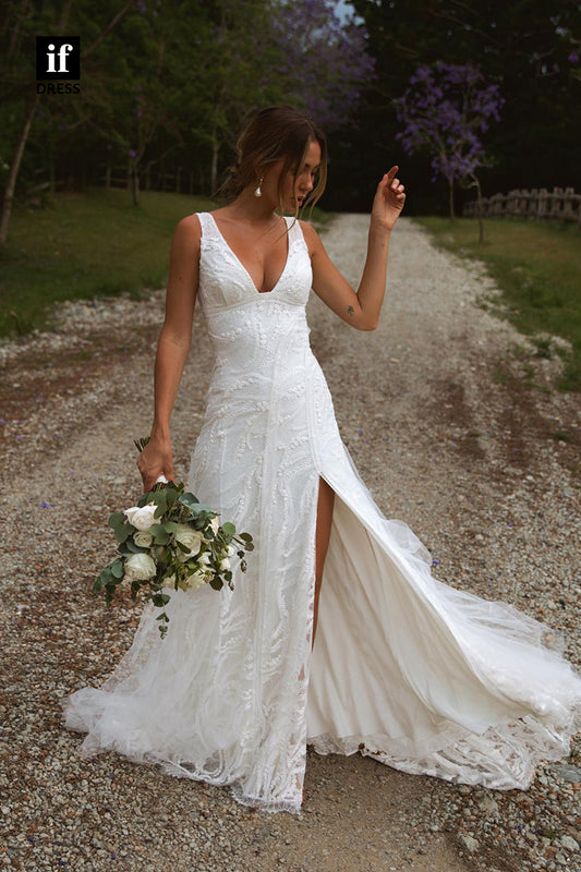 71002 - Charming  Plunging V-Neck Straps Lace Bohemain Wedding Dress