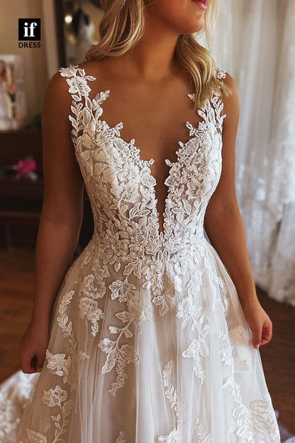 71005 - Generous V-Neck A-Line Lace Appliques Boho Wedding Dress