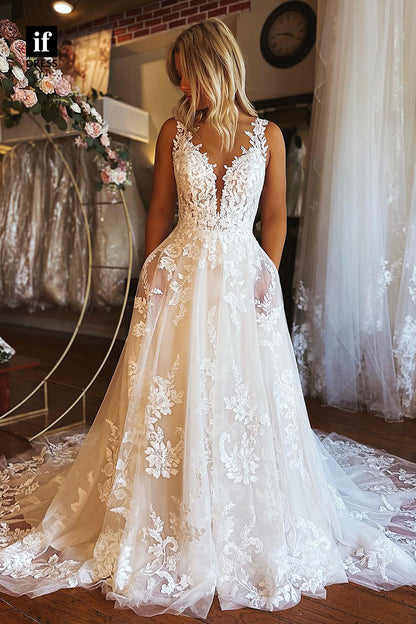 71005 - Generous V-Neck A-Line Lace Appliques Boho Wedding Dress
