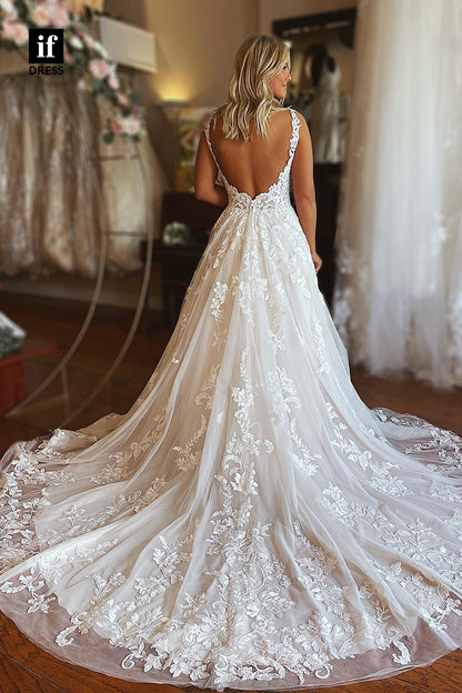 71005 - Generous V-Neck A-Line Lace Appliques Boho Wedding Dress