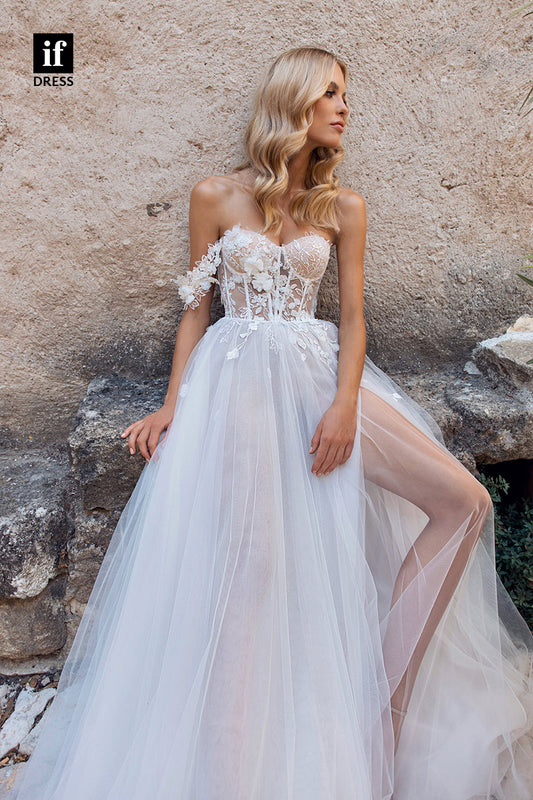 71007 - Classic A-Line Off-Shoulder Sweetheart Beach Wedding Dress