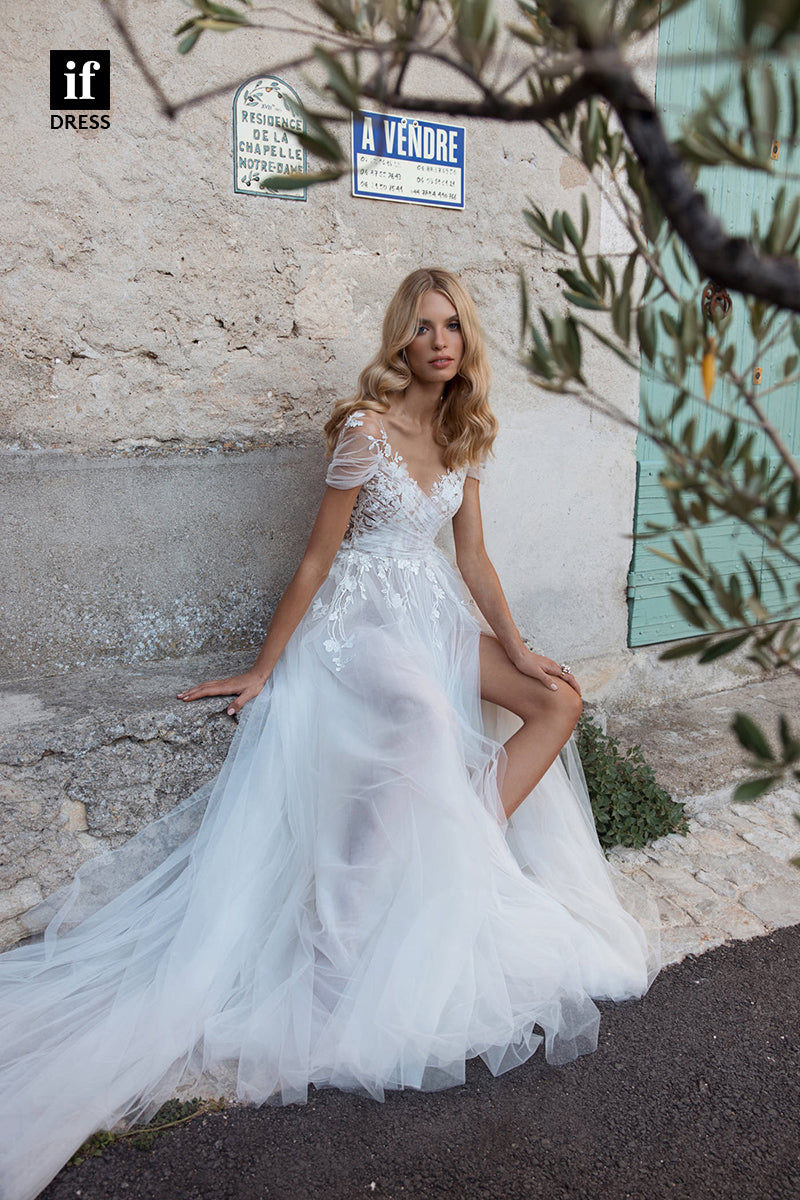 71009 - Romantic  A-Line V-Neck Lace Appliques Beach Wedding Dress