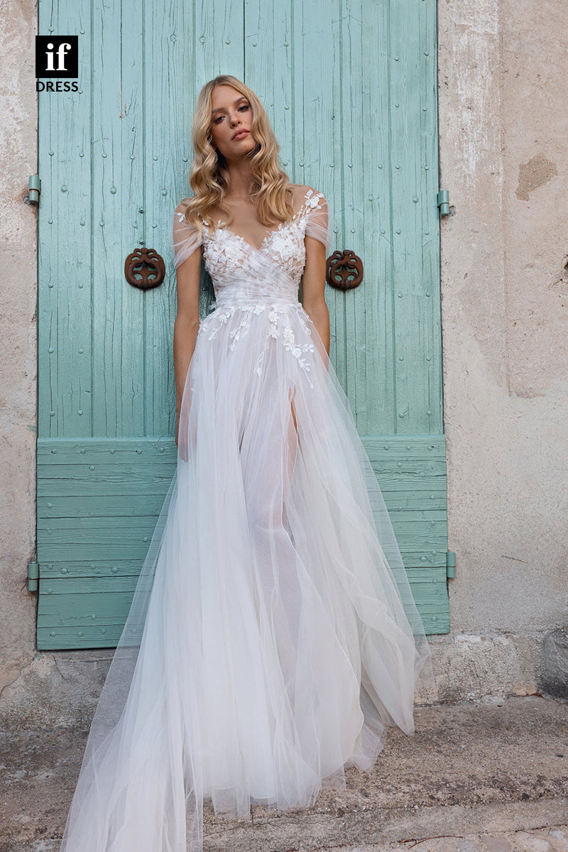 71009 - Romantic  A-Line V-Neck Lace Appliques Beach Wedding Dress