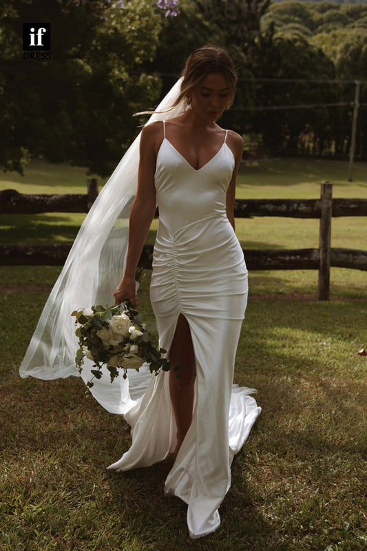 71011 - Classic Spaghetti Straps Pleats Boho Wedding Dress