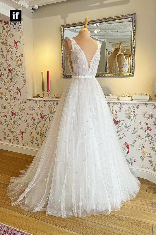 71013 - Elegant A-Line Double Straps V-Neck Beach Wedding Dresses